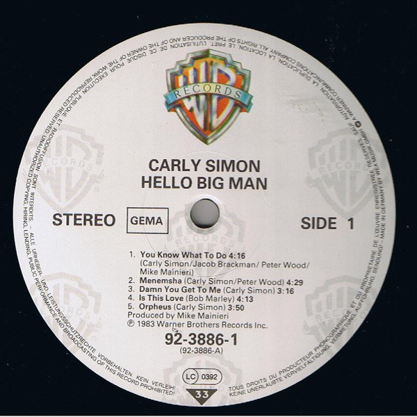 Carly Simon - Hello Big Man | Warner Bros. Records (92-3886-1) - 3