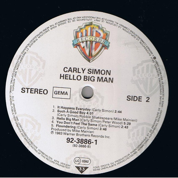 Carly Simon - Hello Big Man | Warner Bros. Records (92-3886-1) - 4