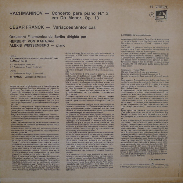 Sergei Vasilyevich Rachmaninoff / César Franck - Alexis Weissenberg · Herbert von Karajan - Berliner Philharmoniker - Piano Concerto No. 2 / Symphonic Variations | His Master's Voice (8E 07302374) - main Sergei Vasilyevich Rachmaninoff / César Franck - Alexis Weissenberg · Herbert von Karajan - Berliner Philharmoniker - Piano Concerto No. 2 / Symphonic Variations | His Master's Voice (8E 07302374) - main