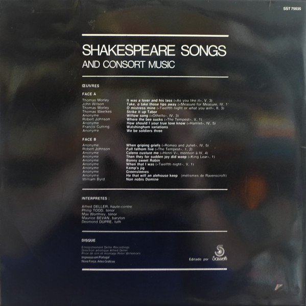Alfred Deller , Deller Consort , Desmond Dupré - Shakespeare Songs And Consort Music | Sassetti (SST 75035) - 3