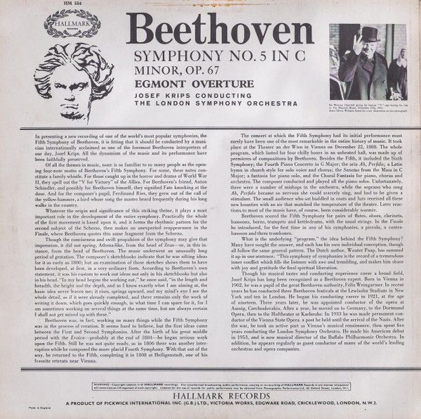 Ludwig van Beethoven - London Symphony Orchestra Conducted By Josef Krips - The Victory Symphony (Symphony No.5 In C Major, Op.67) | Hallmark Records (HM 554) - 2