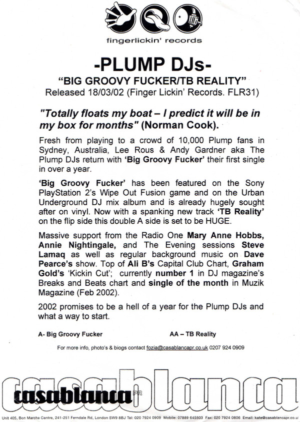 Plump DJs - Big Groovy Fucker / T.B.Reality | Finger Lickin' Records (FLR.031)