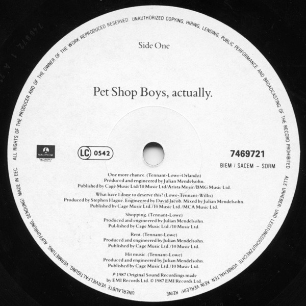 Pet Shop Boys - Actually | Parlophone (064 74 6972 1) - 3 Pet Shop Boys - Actually | Parlophone (064 74 6972 1) - 3
