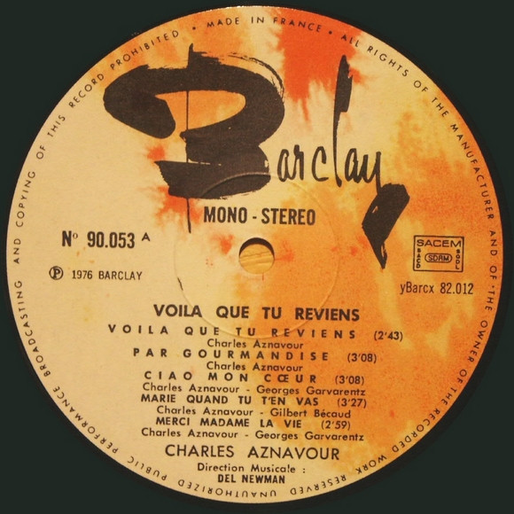 Charles Aznavour - Voilà Que Tu Reviens | Barclay (90 053) - 2