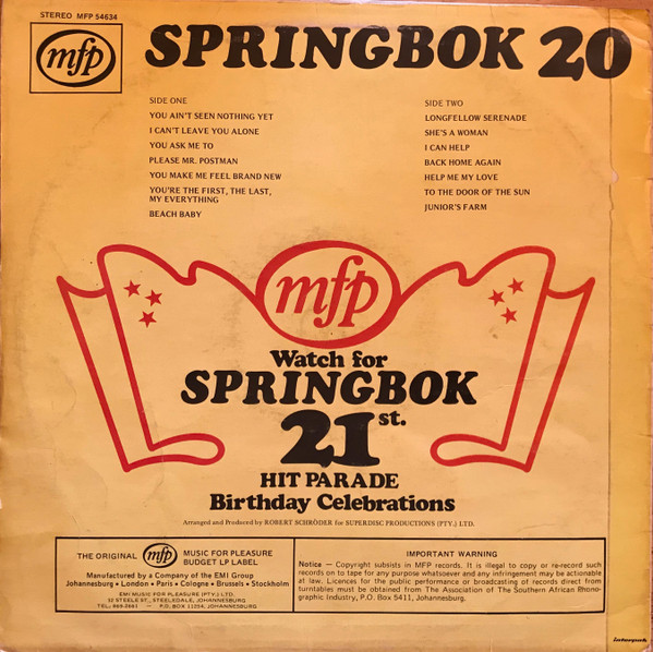 Unknown Artist - Springbok Hit Parade 20 | Music For Pleasure (MFP54634)