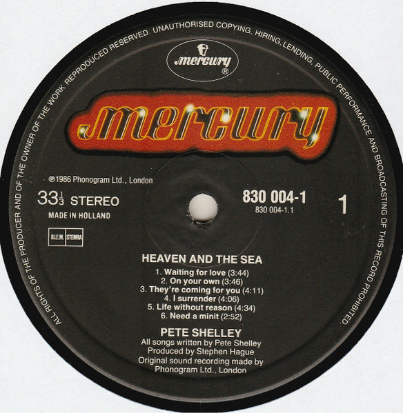 Pete Shelley - Heaven And The Sea | Mercury (830 004-1) - 3 Pete Shelley - Heaven And The Sea | Mercury (830 004-1) - 3