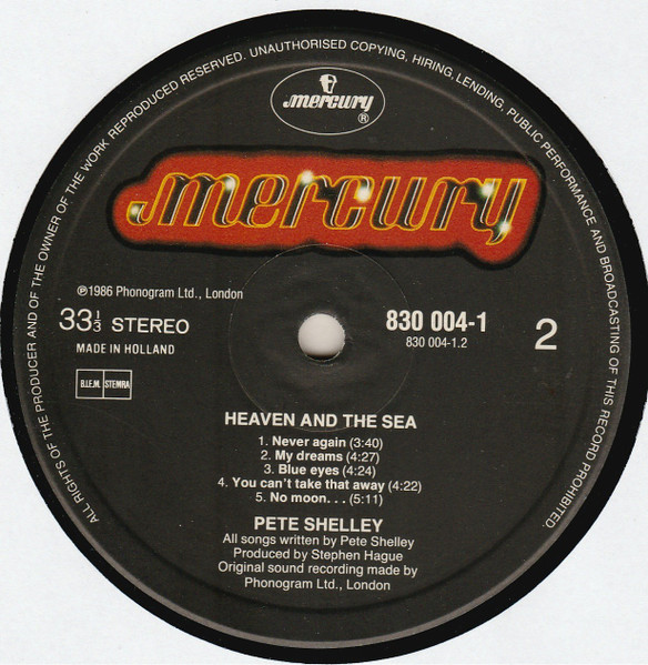Pete Shelley - Heaven And The Sea | Mercury (830 004-1) - 4 Pete Shelley - Heaven And The Sea | Mercury (830 004-1) - 4