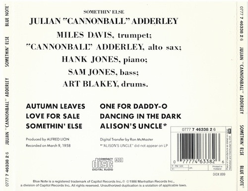 Cannonball Adderley - Somethin' Else | Blue Note (0777 7 46338 2 6) - 2