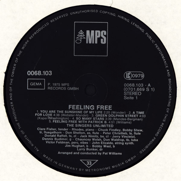 The Singers Unlimited / Patrick Williams And His Orchestra - Feeling Free | MPS Records (0068.103) - 3