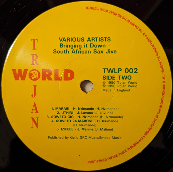 Various - Bringing It Down - South African Sax Jive | Trojan World (TWLP 002) - 2
