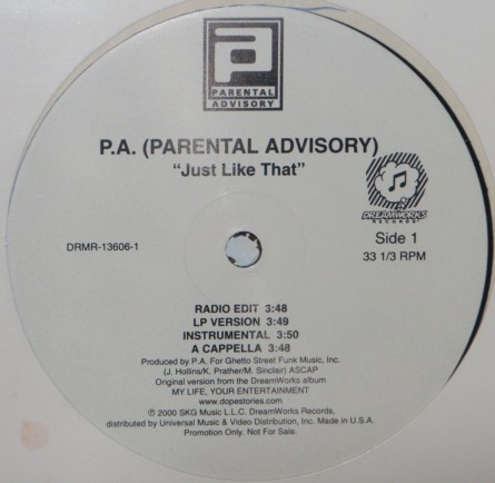 Parental Advisory - Just Like That / Sundown | DreamWorks Records (DRMR-13606-1)