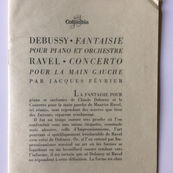 Maurice Ravel / Claude Debussy - Jacques Février , Orchestre National De France , Georges Tzipine - Concerto Pour La Main Gauche Pour Piano Et Orchestre / Fantaisie Pour Piano Et Orchestre | Columbia (FCX 680) - 3