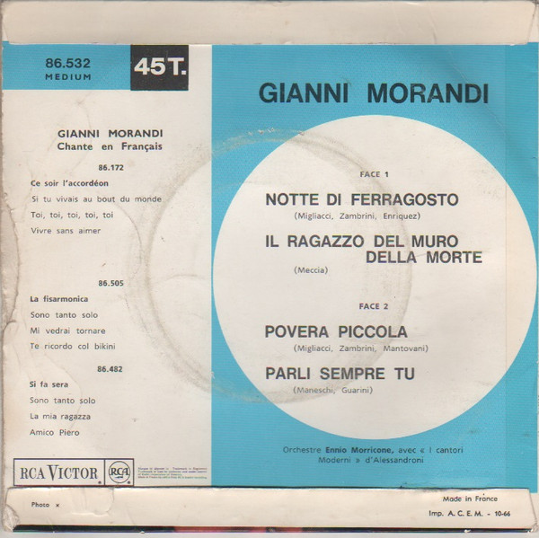 Gianni Morandi - Notte Di Ferragosto / Il Ragazzo Del Muro Della Morte / Povera Piccola / Parli Sempre Tu | RCA Victor (86.532) - 2