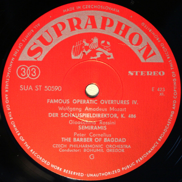 The Czech Philharmonic Orchestra , Rudolf Vašata , Bohumil Gregor - Famous Operatic Overtures | Supraphon (SUA ST 50590) - 3