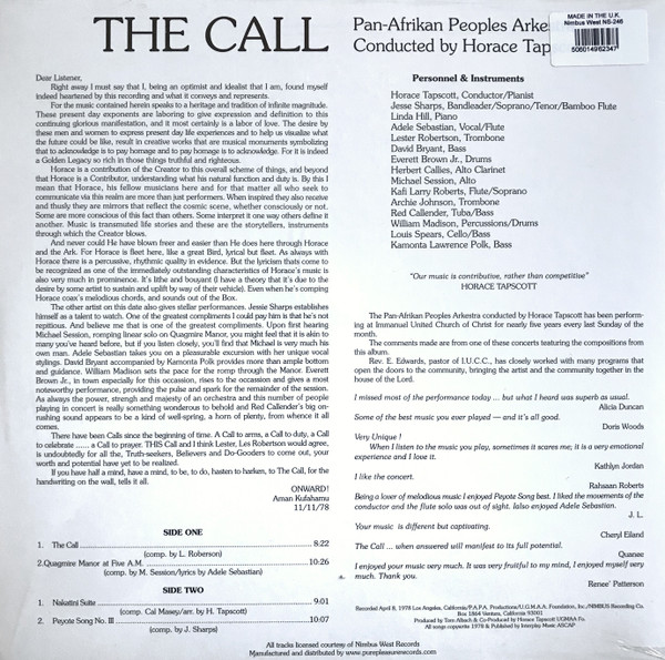 Horace Tapscott Conducting The Pan-Afrikan Peoples Arkestra - The Call | Pure Pleasure Records (NS-246) - 2