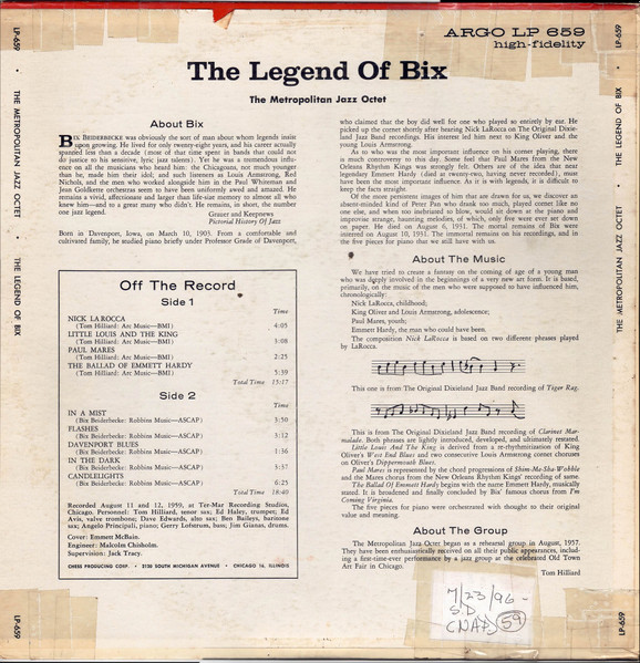 The Metropolitan Jazz Octet - The Legend Of Bix [Vinyl] | Argo (LPS-659) - 2