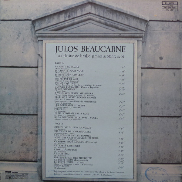 Julos Beaucarne - Au "Théâtre De La Ville" Janvier Septante Sept | RCA (PL 40032) - 2