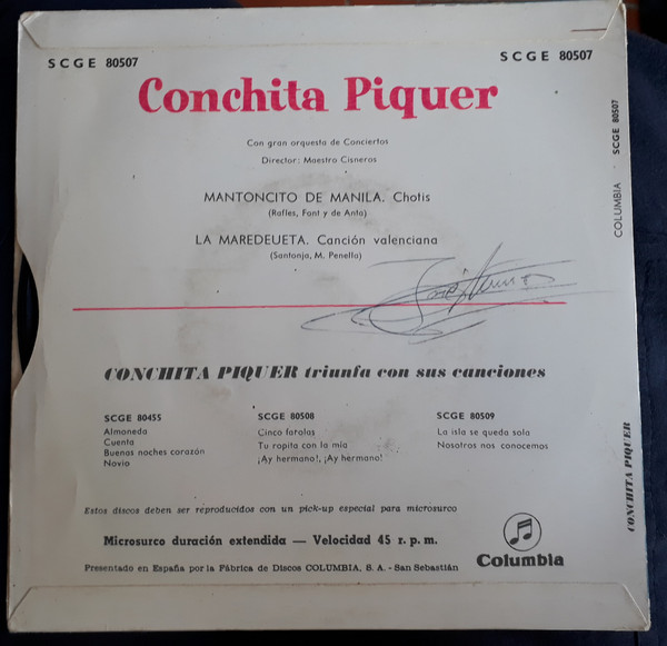 Conchita Piquer Con Gran Orquesta De Conciertos · Director Indalecio Cisneros - Mantoncito De Manila / La Maredeueta | Columbia (SCGE 80507) - 2