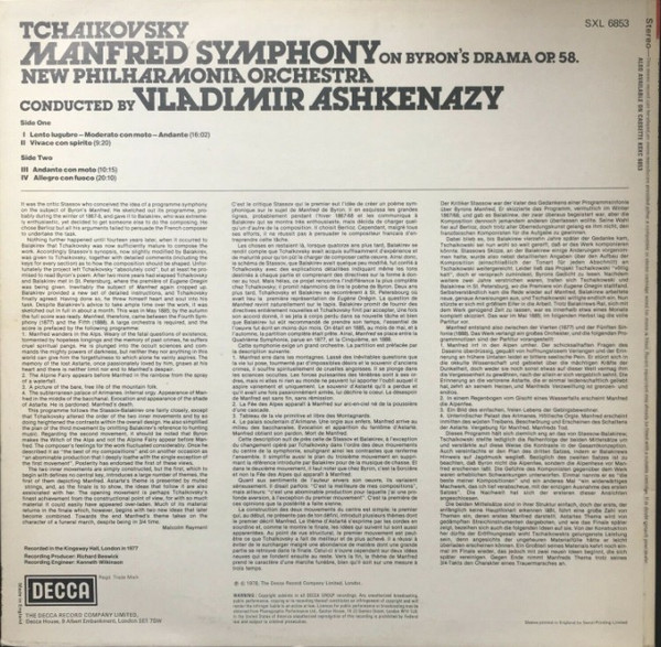 Pyotr Ilyich Tchaikovsky , New Philharmonia Orchestra , Vladimir Ashkenazy - Manfred Symphony | Decca (SXL 6853) - 2