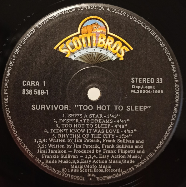 Survivor - Too Hot To Sleep | Scotti Bros. Records (836 589-1) - 3 Survivor - Too Hot To Sleep | Scotti Bros. Records (836 589-1) - 3