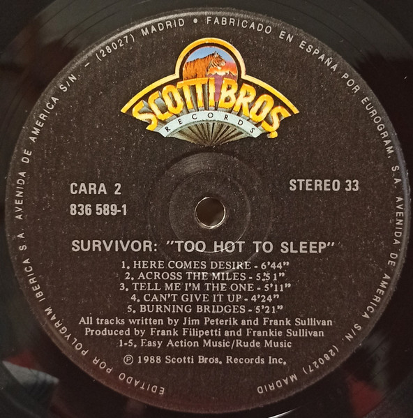 Survivor - Too Hot To Sleep | Scotti Bros. Records (836 589-1) - 4 Survivor - Too Hot To Sleep | Scotti Bros. Records (836 589-1) - 4