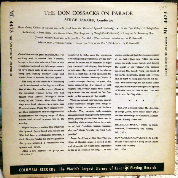 Don Kosaken Chor Serge Jaroff - The Don Cossacks On Parade | Columbia Masterworks (ML 4473) - 2 Don Kosaken Chor Serge Jaroff - The Don Cossacks On Parade | Columbia Masterworks (ML 4473) - 2