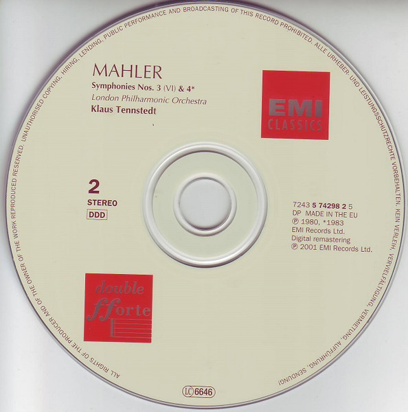 Gustav Mahler , Ortrun Wenkel , Lucia Popp , Southend Boys' Choir , Ladies Of The London Philharmonic Choir , London Philharmonic Orchestra , Klaus Tennstedt - Symphonies Nos. 3 & 4 | EMI Classics (5 74296 2) - 4