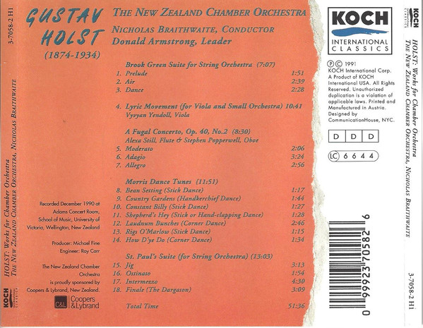 Gustav Holst - New Zealand Chamber Orchestra , Nicholas Braithwaite - Works For Chamber Orchestra | Koch International Classics (3-7058-2 H1) - 3