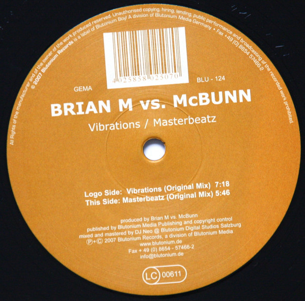Brian M vs. McBunn - Vibrations / Masterbeatz | Blutonium Records (BLU - 124) - main Brian M vs. McBunn - Vibrations / Masterbeatz | Blutonium Records (BLU - 124) - main