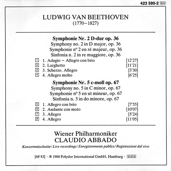 Ludwig van Beethoven , Wiener Philharmoniker , Claudio Abbado - Symphonien Nos. 2 & 5 | Deutsche Grammophon (423 590-2) - 2