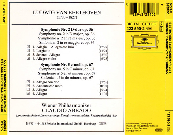 Ludwig van Beethoven , Wiener Philharmoniker , Claudio Abbado - Symphonien Nos. 2 & 5 | Deutsche Grammophon (423 590-2) - 4