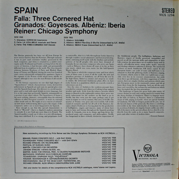 Manuel De Falla : Enrique Granados : Isaac Albéniz : Fritz Reiner : Chicago Symphony Orchestra - Spain | RCA Victrola (Vics 1294) - 4