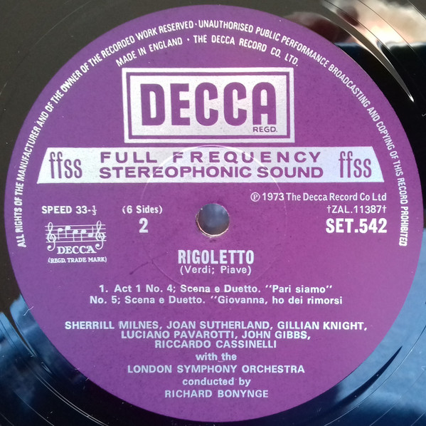 Giuseppe Verdi - Joan Sutherland · Luciano Pavarotti · Sherrill Milnes · Huguette Tourangeau · Martti Talvela · London Symphony Orchestra · Richard Bonynge - Rigoletto | Decca (SET 542-44) - 3
