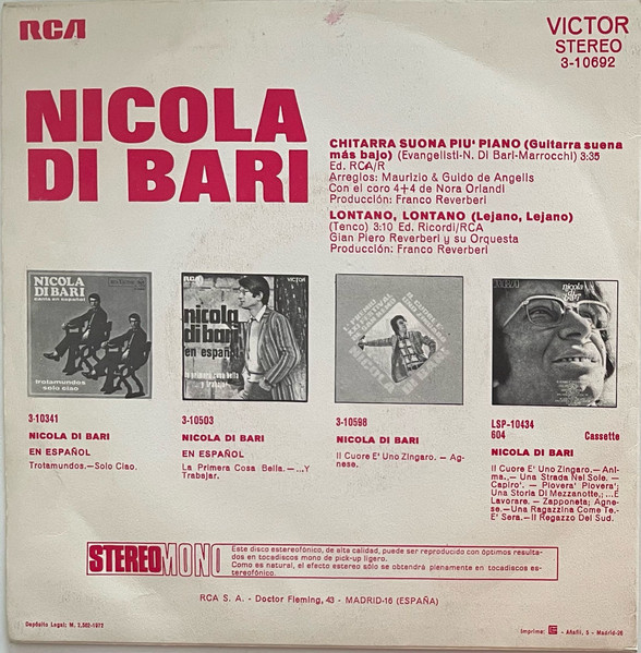 Nicola Di Bari - Chitarra Suona Più Piano = Guitarra Suena Mas Bajo / Lontano, Lontano = Lejano, Lejano | RCA Victor (3-10692) - 2
