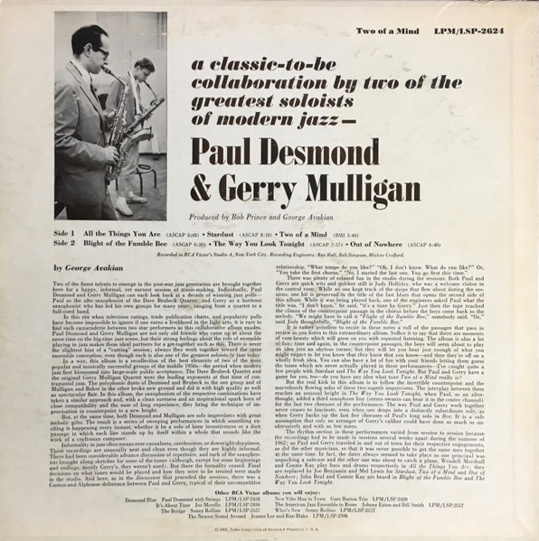 Paul Desmond & Gerry Mulligan - Two Of A Mind | RCA Victor (LSP-2624) - 2 Paul Desmond & Gerry Mulligan - Two Of A Mind | RCA Victor (LSP-2624) - 2