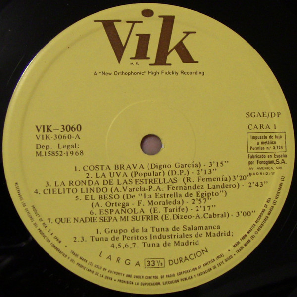 Grupo De La Tuna De Salamanca , Tuna De Peritos Industriales De Madrid , Tuna De Madrid , Tuna De Veterinaria - Por La Tuna - La Tuna Interpreta | Vik (VIK-3060) - 3 Grupo De La Tuna De Salamanca , Tuna De Peritos Industriales De Madrid , Tuna De Madrid , Tuna De Veterinaria - Por La Tuna - La Tuna Interpreta | Vik (VIK-3060) - 3
