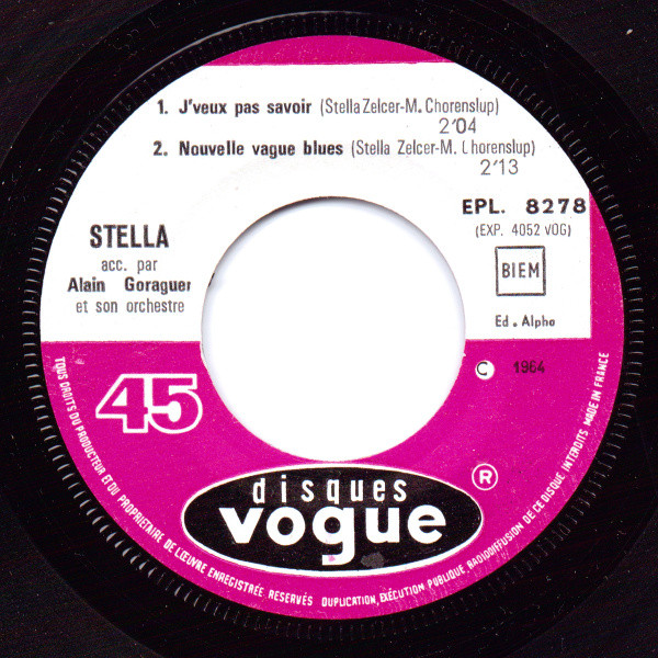 Stella - J’Veux Pas Savoir / Nouvelle Vague Blues / Enfants De Saloon / Je Te Rends Mon Sablier | Disques Vogue (EPL 8278) - 3