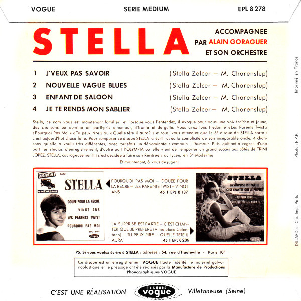 Stella - J’Veux Pas Savoir / Nouvelle Vague Blues / Enfants De Saloon / Je Te Rends Mon Sablier | Disques Vogue (EPL 8278) - 2