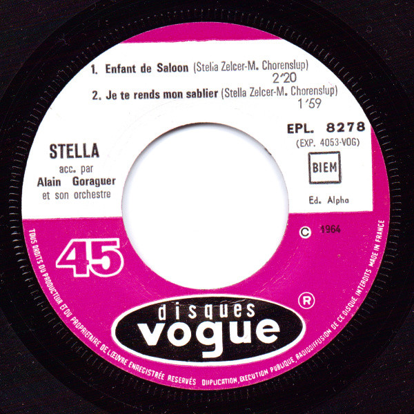 Stella - J’Veux Pas Savoir / Nouvelle Vague Blues / Enfants De Saloon / Je Te Rends Mon Sablier | Disques Vogue (EPL 8278) - 4