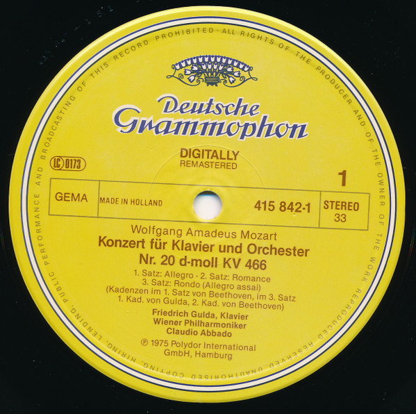 Wolfgang Amadeus Mozart , Friedrich Gulda , Wiener Philharmoniker , Claudio Abbado - Klavierkonzerte Nr. 20 & 21 | Deutsche Grammophon (415 842-1)