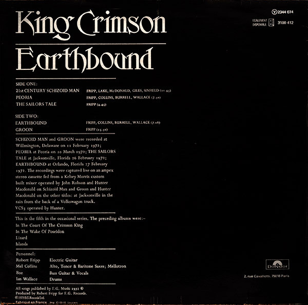 King Crimson - Earthbound | Polydor (2344 074) - 2