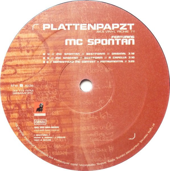 Plattenpapzt Aka Vinyl Richie 71 Featuring Weser Allstars / MC Spontan - Immer Wieder Wir / Bestform | Dackel Enterprise (SPV MS 065-06005) - 4 Plattenpapzt Aka Vinyl Richie 71 Featuring Weser Allstars / MC Spontan - Immer Wieder Wir / Bestform | Dackel Enterprise (SPV MS 065-06005) - 4