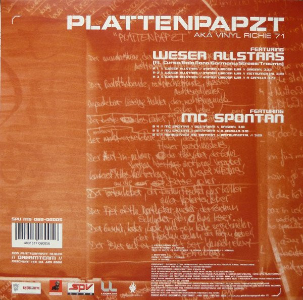 Plattenpapzt Aka Vinyl Richie 71 Featuring Weser Allstars / MC Spontan - Immer Wieder Wir / Bestform | Dackel Enterprise (SPV MS 065-06005) - 2 Plattenpapzt Aka Vinyl Richie 71 Featuring Weser Allstars / MC Spontan - Immer Wieder Wir / Bestform | Dackel Enterprise (SPV MS 065-06005) - 2