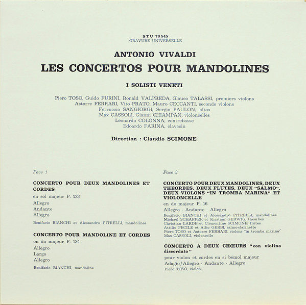 Antonio Vivaldi , Claudio Scimone , I Solisti Veneti - Les Concertos Pour Mandoline / Concerto Pour Violon Discordato | Erato (STU 70545) - 2