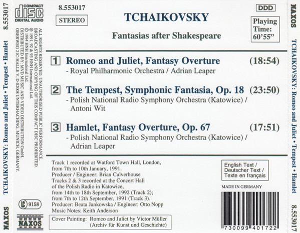 Pyotr Ilyich Tchaikovsky , Royal Philharmonic Orchestra , Wielka Orkiestra Symfoniczna Polskiego Radia I Telewizji , Adrian Leaper , Antoni Wit - Fantasias After Shakespeare: Romeo & Juliet, The Tempest, Hamlet | Naxos (8.553017) - 2