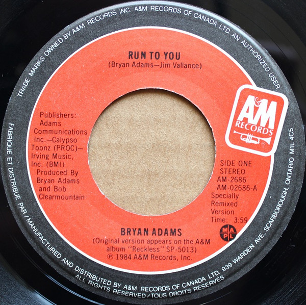 Bryan Adams - Run To You (7") [Vinyl] | A&M Records (AM-2686) - 3