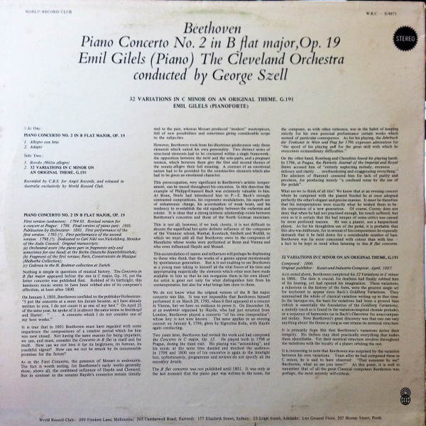 Ludwig van Beethoven / Emil Gilels / The Cleveland Orchestra / George Szell - Concerto No. 2 In B Flat Major, Op. 19 | World Record Club (R-00610) - 2 Ludwig van Beethoven / Emil Gilels / The Cleveland Orchestra / George Szell - Concerto No. 2 In B Flat Major, Op. 19 | World Record Club (R-00610) - 2