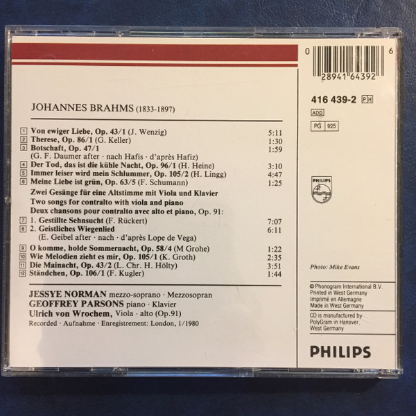Johannes Brahms - Jessye Norman , Geoffrey Parsons , Ulrich von Wrochem - Lieder | Philips (416 439-2) - 4