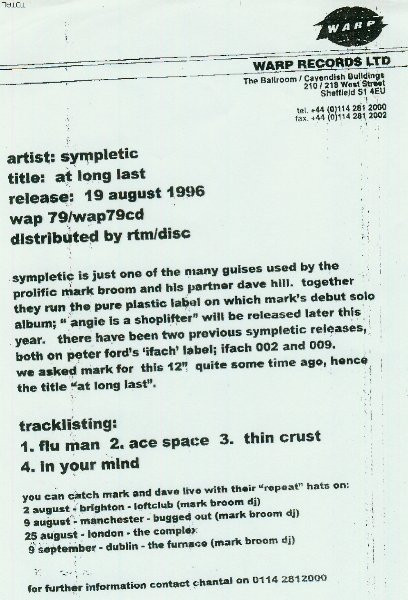 Sympletic - At Long Last | Warp Records (WAP 79) - 3 Sympletic - At Long Last | Warp Records (WAP 79) - 3