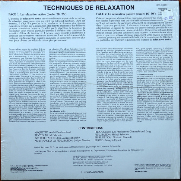 Jean-Jacques Blanchet , Michel Sabourin - Techniques De Relaxation [Vinyl] | RCA Victor (KPL1-0054) - 2